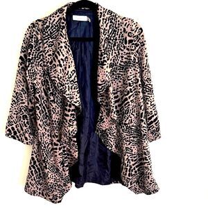Calvin Klein Leopard Print Drape Jacket Cardigan Sweater Ruffle Black Tan Sz 14